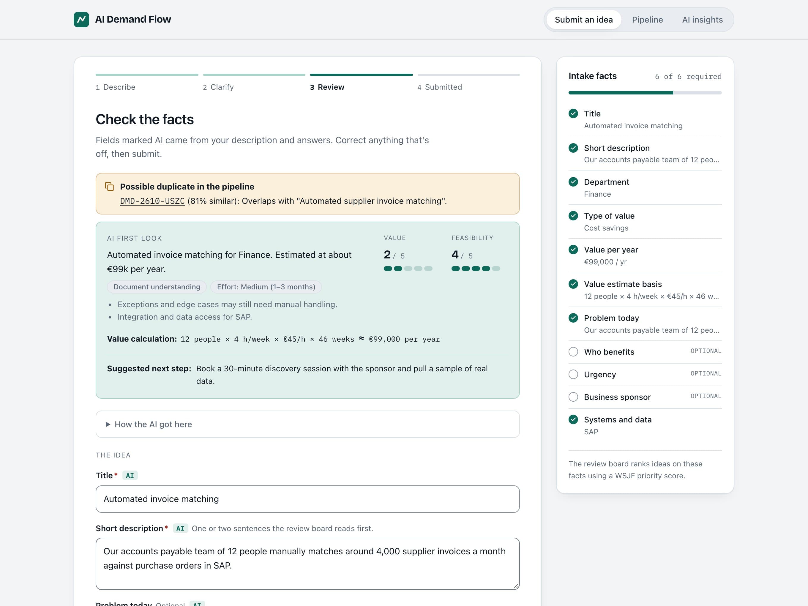 AI Idea Prioritisation Platform review step: duplicate warning, AI assessment with value and feasibility scores, and the value calculation